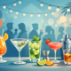 Illustration einer Feier mit Gästen an einer Cocktailbar, verschiedenen Cocktails, Cocktailshaker, Luftballons und stimmungsvoller Beleuchtung.