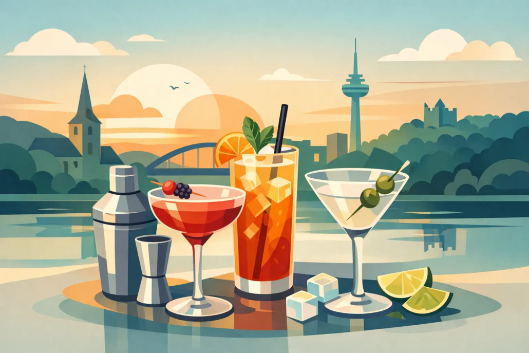 cocktailkarte-hagen-was-wirklich-zaehlt Illustration einer Cocktailkarte in Hagen: Verschiedene Cocktails mit frischen Zutaten stehen vor einer Stadtkulisse am Wasser und symbolisieren Genuss, Vielfalt und moderne Barkultur.
