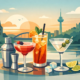 Illustration einer Cocktailkarte in Hagen: Verschiedene Cocktails mit frischen Zutaten stehen vor einer Stadtkulisse am Wasser und symbolisieren Genuss, Vielfalt und moderne Barkultur.
