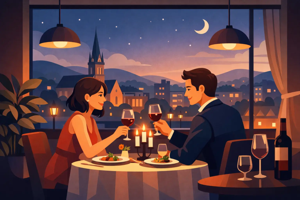 date-night-restaurant-hagen Romantisches Dinner zu zweit in einem stilvollen Restaurant bei Kerzenschein – ein Paar genießt Wein und ein Abendessen mit Blick auf die nächtliche Stadtkulisse unter dem Sternenhimmel.