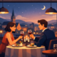 Romantisches Dinner zu zweit in einem stilvollen Restaurant bei Kerzenschein – ein Paar genießt Wein und ein Abendessen mit Blick auf die nächtliche Stadtkulisse unter dem Sternenhimmel.