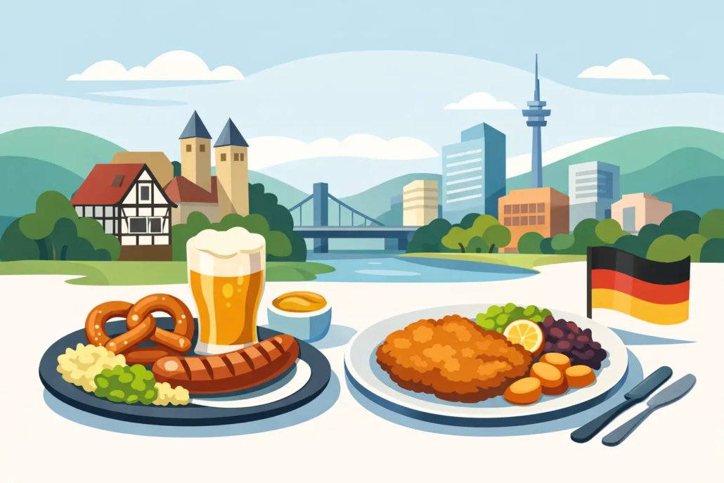 deutsche-internationale-kueche-in-hagen Illustration deutscher und internationaler Küche in Hagen: Auf einem Tisch stehen traditionelle Gerichte wie Bratwurst mit Brezel und Bier sowie ein paniertes Schnitzel mit Beilagen. Im Hintergrund sind eine Flusslandschaft, Fachwerkhäuser, moderne Stadtgebäude und eine Deutschlandflagge zu sehen. Die Szene symbolisiert kulinarische Vielfalt, regionale Spezialitäten und internationale Gastronomie in Hagen.