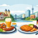 Illustration deutscher und internationaler Küche in Hagen: Auf einem Tisch stehen traditionelle Gerichte wie Bratwurst mit Brezel und Bier sowie ein paniertes Schnitzel mit Beilagen. Im Hintergrund sind eine Flusslandschaft, Fachwerkhäuser, moderne Stadtgebäude und eine Deutschlandflagge zu sehen. Die Szene symbolisiert kulinarische Vielfalt, regionale Spezialitäten und internationale Gastronomie in Hagen.