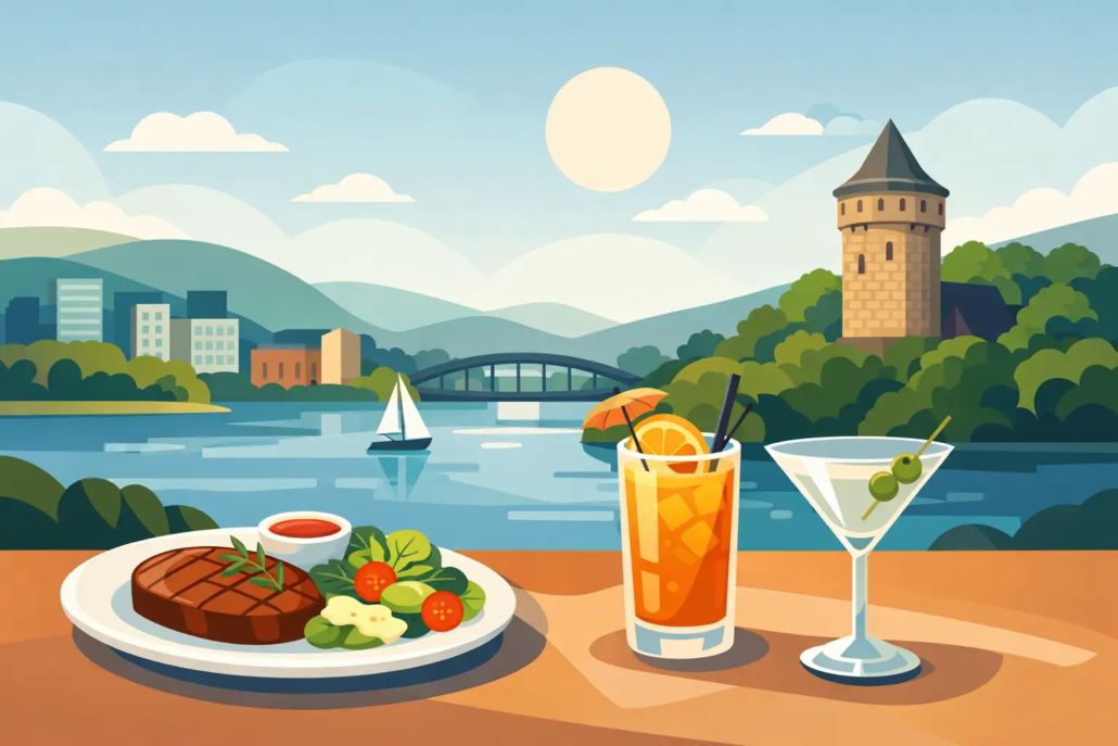 essen-und-cocktails-hagen Illustration von Essen und Cocktails in Hagen: Auf einer Terrasse am Wasser stehen ein gegrilltes Steak mit Salat sowie zwei Cocktails. Im Hintergrund sind ein See, ein Segelboot, eine Brücke und ein markanter Turm in einer grünen Landschaft zu sehen. Die Szene vermittelt entspannten Genuss, hochwertige Gastronomie und eine sommerliche Atmosphäre in Hagen.
