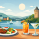 Illustration von Essen und Cocktails in Hagen: Auf einer Terrasse am Wasser stehen ein gegrilltes Steak mit Salat sowie zwei Cocktails. Im Hintergrund sind ein See, ein Segelboot, eine Brücke und ein markanter Turm in einer grünen Landschaft zu sehen. Die Szene vermittelt entspannten Genuss, hochwertige Gastronomie und eine sommerliche Atmosphäre in Hagen.