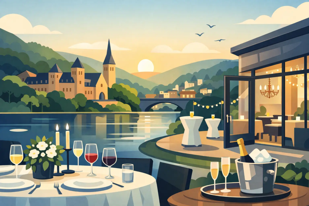 Moderne Eventlocation in Hagen mit festlich gedeckten Tischen, Seeblick, Champagner und stilvoller Abendatmosphäre für Hochzeiten und Feiern.
