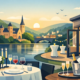 Moderne Eventlocation in Hagen mit festlich gedeckten Tischen, Seeblick, Champagner und stilvoller Abendatmosphäre für Hochzeiten und Feiern.