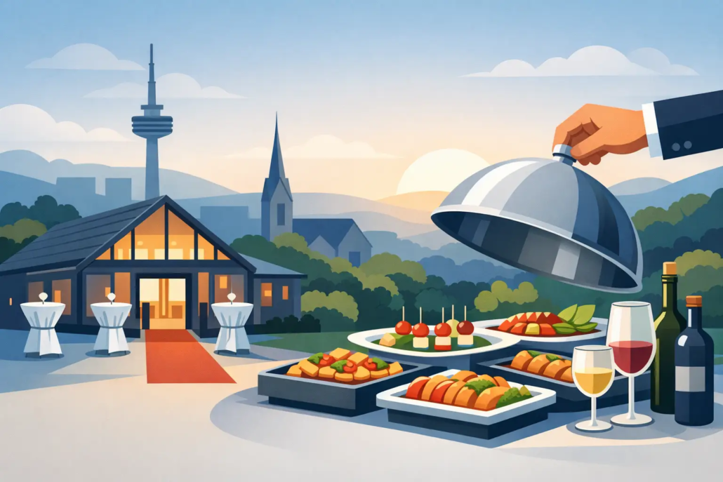 eventlocation-mit-catering-hagen Illustration einer Eventlocation mit Catering in Hagen: Vor einer modernen Veranstaltungsstätte sind verschiedene Speisen, Getränke und Stehtische aufgebaut. Die Szene symbolisiert Catering, Genuss und professionelle Eventplanung.