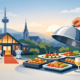 Illustration einer Eventlocation mit Catering in Hagen: Vor einer modernen Veranstaltungsstätte sind verschiedene Speisen, Getränke und Stehtische aufgebaut. Die Szene symbolisiert Catering, Genuss und professionelle Eventplanung.