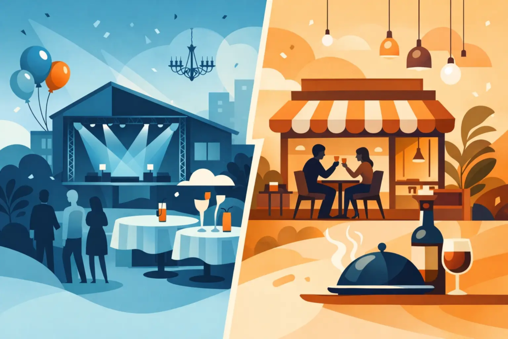 eventlocation-oder-restaurant-mieten Illustration zum Vergleich von Eventlocation und Restaurant: Links eine festliche Eventhalle mit Bühne und Gästen, rechts ein gemütliches Restaurant mit Dinner, Wein und entspannter Atmosphäre.