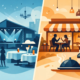 Illustration zum Vergleich von Eventlocation und Restaurant: Links eine festliche Eventhalle mit Bühne und Gästen, rechts ein gemütliches Restaurant mit Dinner, Wein und entspannter Atmosphäre.