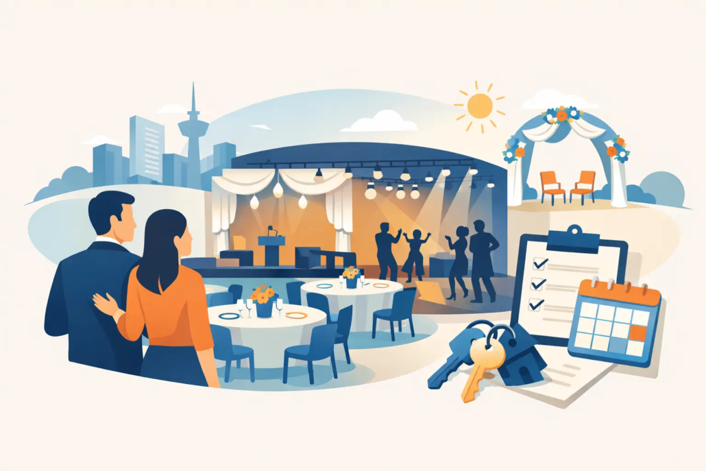 Illustration eines Eventraums für Hochzeiten und Feiern: Ein Paar betrachtet eine festlich dekorierte Veranstaltungsfläche mit Bühne, Tanzfläche und gedeckten Tischen. Daneben symbolisieren Checkliste, Kalender und Schlüssel die Planung und Anmietung einer Eventlocation.