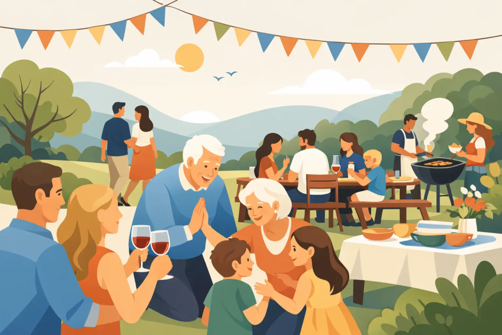 familienfeier-ablauf-beispiel Illustration einer entspannten Familienfeier im Freien mit mehreren Generationen, gemeinsamem Essen, Getränken und Grillen in geselliger Atmosphäre.