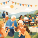 Illustration einer entspannten Familienfeier im Freien mit mehreren Generationen, gemeinsamem Essen, Getränken und Grillen in geselliger Atmosphäre.