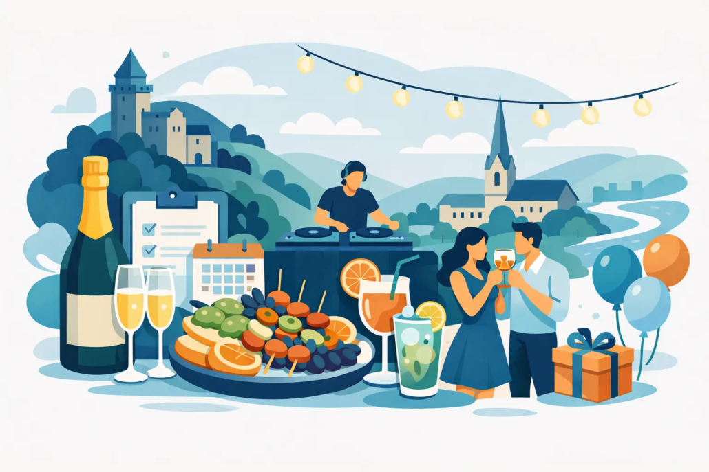 Illustration einer Feier mit Essen und Drinks in Hagen: Gäste stoßen mit Cocktails und Sekt an, DJ, Buffet und festliche Dekoration vor einer stilisierten Stadtkulisse.