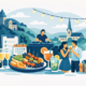 Illustration einer Feier mit Essen und Drinks in Hagen: Gäste stoßen mit Cocktails und Sekt an, DJ, Buffet und festliche Dekoration vor einer stilisierten Stadtkulisse.
