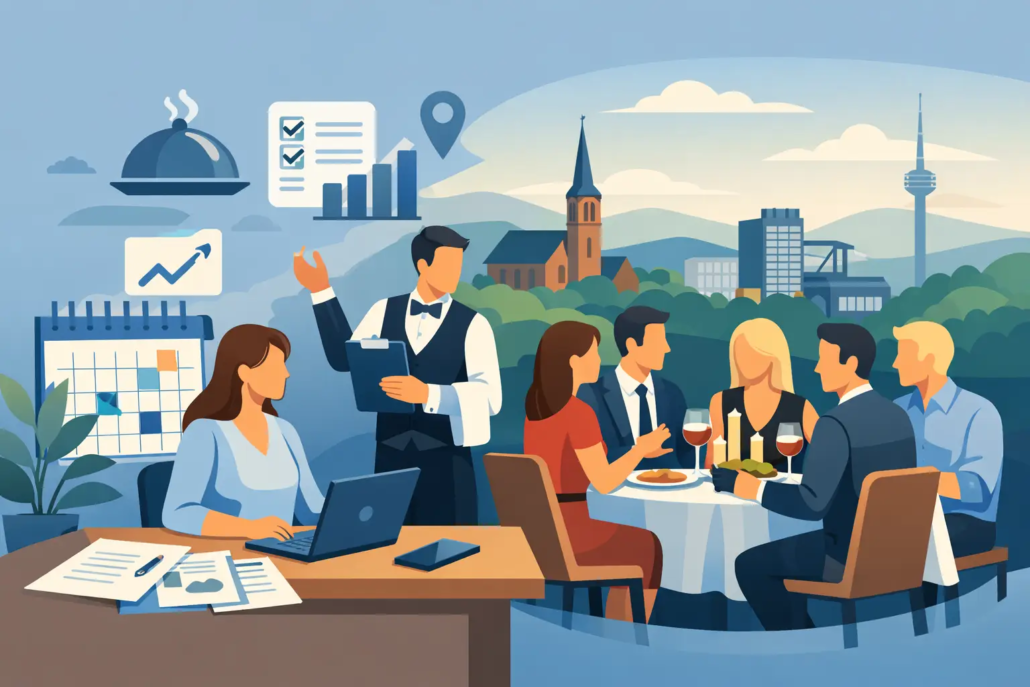 firmenessen-professionell-organisieren-hagen Illustration eines professionell organisierten Firmenessens mit Team am Restauranttisch, Planung am Laptop und stilisierter Stadtkulisse von Hagen.