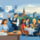 Illustration eines professionell organisierten Firmenessens mit Team am Restauranttisch, Planung am Laptop und stilisierter Stadtkulisse von Hagen.