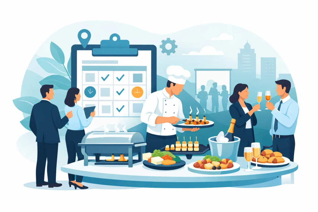 firmenevent-mit-catering-planen Illustration zur Planung eines Firmenevents mit Catering, Buffet, Koch, Getränken, Gästen und Event-Checkliste für eine erfolgreiche Firmenfeier.