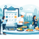 Illustration zur Planung eines Firmenevents mit Catering, Buffet, Koch, Getränken, Gästen und Event-Checkliste für eine erfolgreiche Firmenfeier.