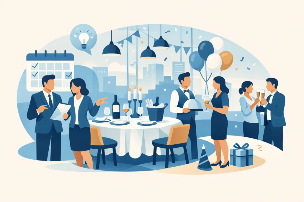 firmenfeier-im-restaurant-planen Moderne Illustration einer Firmenfeier im Restaurant: Mitarbeitende planen gemeinsam eine Veranstaltung, während andere an einem festlich gedeckten Tisch mit Wein und Sekt anstoßen. Ballons, Geschenk, Kalender und Dekoration symbolisieren die Organisation einer gelungenen Firmenfeier in stilvoller Atmosphäre.