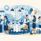 Moderne Illustration einer Firmenfeier im Restaurant: Mitarbeitende planen gemeinsam eine Veranstaltung, während andere an einem festlich gedeckten Tisch mit Wein und Sekt anstoßen. Ballons, Geschenk, Kalender und Dekoration symbolisieren die Organisation einer gelungenen Firmenfeier in stilvoller Atmosphäre.