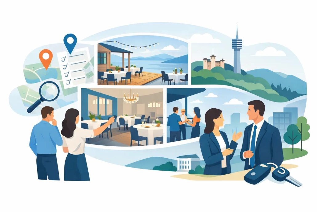 Menschen planen eine Firmenfeier in Hagen mit moderner Eventlocation, Besprechung, Restaurantbereichen und stilvoller Atmosphäre für Business-Events und Teamabende.