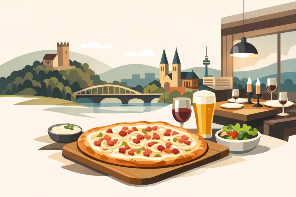 Illustration eines Restaurants in Hagen mit Flammkuchen-Spezialität: Ein frisch gebackener Flammkuchen wird auf einem Holzbretter serviert, begleitet von Salat, Dip sowie einem Bier und Rotwein. Im Hintergrund sind eine Brücke, historische Gebäude und die Hagener Stadtkulisse zu sehen. Die Szene vermittelt regionalen Genuss, gemütliche Restaurantatmosphäre und kulinarische Vielfalt in Hagen.