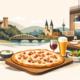 Illustration eines Restaurants in Hagen mit Flammkuchen-Spezialität: Ein frisch gebackener Flammkuchen wird auf einem Holzbretter serviert, begleitet von Salat, Dip sowie einem Bier und Rotwein. Im Hintergrund sind eine Brücke, historische Gebäude und die Hagener Stadtkulisse zu sehen. Die Szene vermittelt regionalen Genuss, gemütliche Restaurantatmosphäre und kulinarische Vielfalt in Hagen.