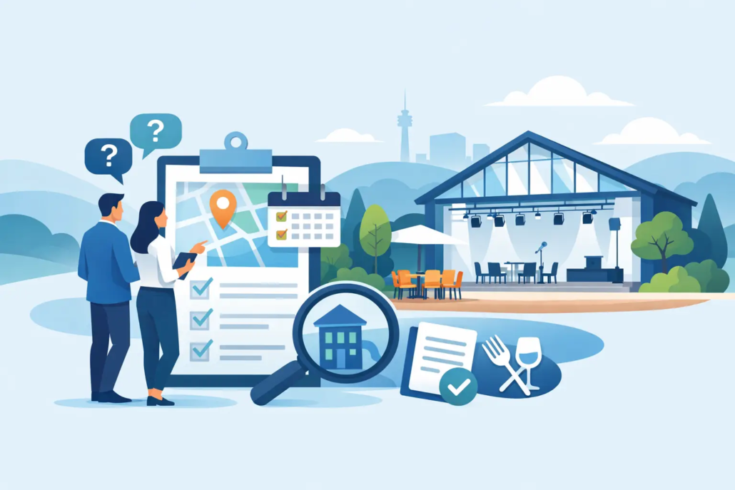 Illustration zur Eventlocation-Buchung in Hagen mit Checkliste, Terminplanung, Location-Suche und Veranstaltungsraum.