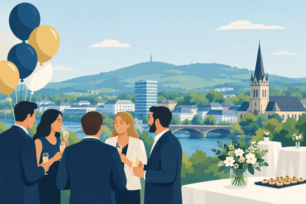 fuenf-ideen-fuer-jubilaeumsfeiern-hagen Jubiläumsfeier mit Gästen, Sektempfang und Catering vor malerischer Stadtkulisse in Hagen.
