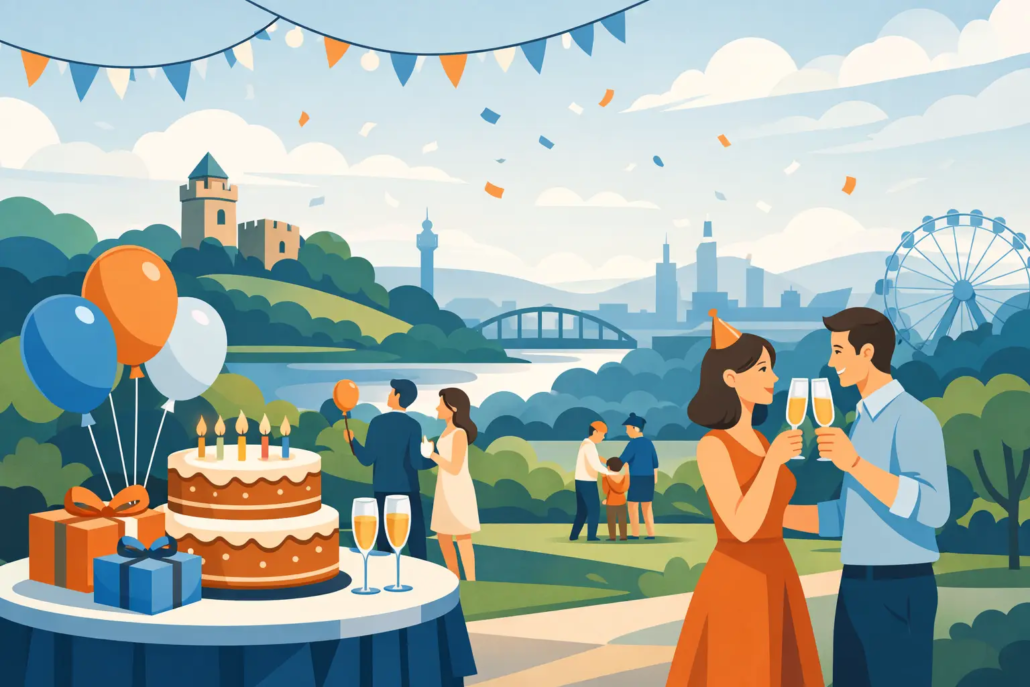 Fröhliche Geburtstagsfeier in Hagen mit Torte, Ballons, Sektgläsern und Gästen in entspannter Parklandschaft mit Stadtblick und festlicher Stimmung.