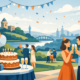 Fröhliche Geburtstagsfeier in Hagen mit Torte, Ballons, Sektgläsern und Gästen in entspannter Parklandschaft mit Stadtblick und festlicher Stimmung.