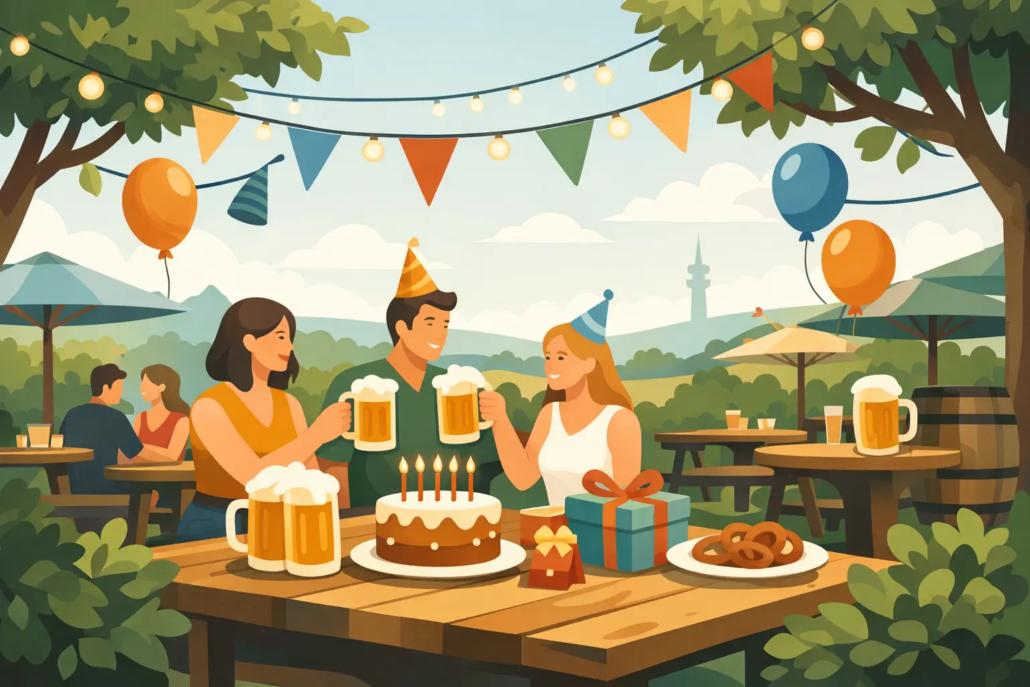 geburtstag-im-biergarten-feiern-hagen Freundesgruppe feiert einen Geburtstag im Biergarten mit Bier, Geburtstagstorte, Geschenken und festlicher Dekoration unter Lichterketten in entspannter Atmosphäre.