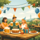 Freundesgruppe feiert einen Geburtstag im Biergarten mit Bier, Geburtstagstorte, Geschenken und festlicher Dekoration unter Lichterketten in entspannter Atmosphäre.