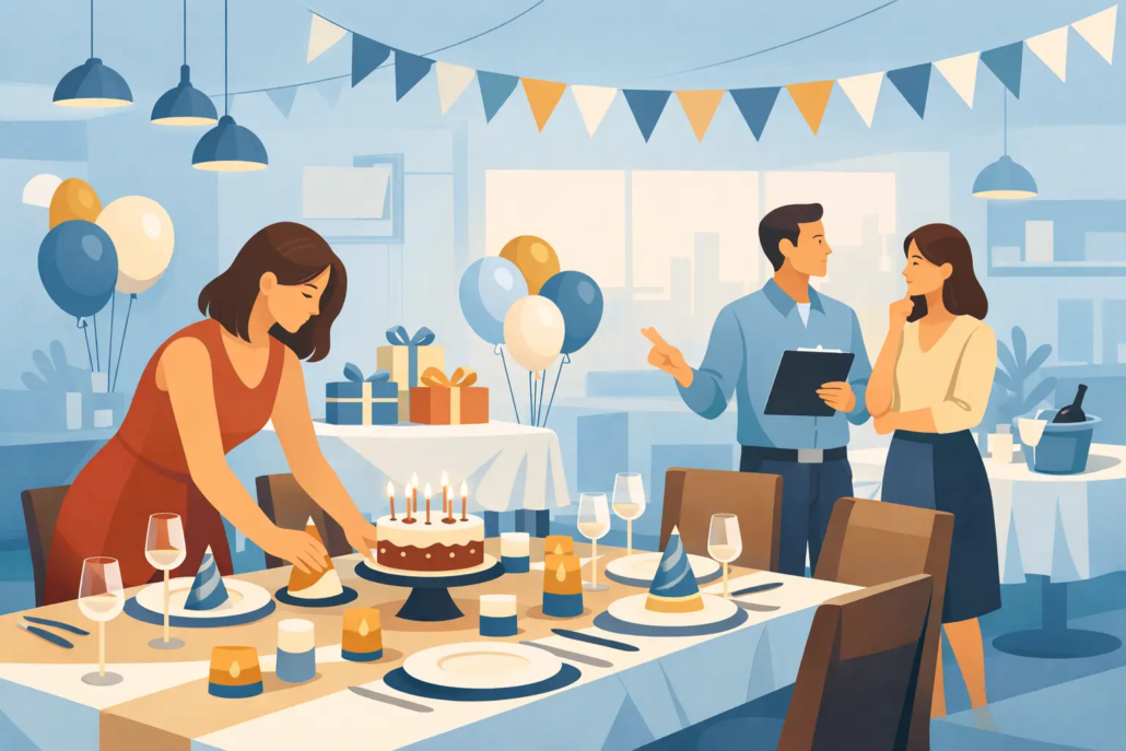 geburtstagsfeier-im-restaurant-organisieren Person dekoriert einen Geburtstagstisch mit Torte, Kerzen und Partydekoration, während zwei Personen im Hintergrund die Feier im Restaurant planen. Festlich gedeckte Tische, Luftballons und Girlanden schaffen eine gemütliche Atmosphäre.