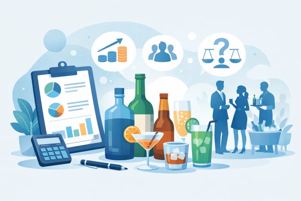 getraenkemenge-fuer-events-kalkulieren Illustration zur Getränkemengenplanung für Events mit verschiedenen Getränken, Cocktails, Kalkulator, Diagrammen und Gästen bei einer Feier.