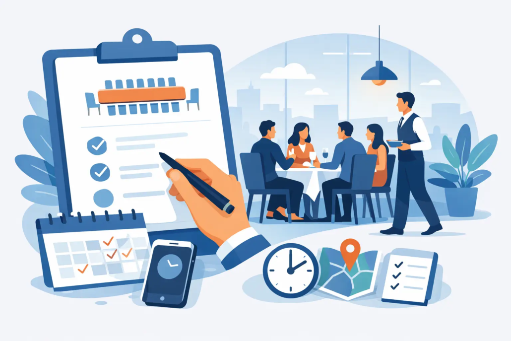 gruppenreservierung-im-restaurant-ablauf Illustration zur Gruppenreservierung im Restaurant mit Checkliste, Kalender, Uhrzeit und Gästen am gedeckten Tisch.