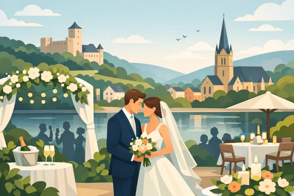 guide-fuer-entspannte-hochzeitsfeier-hagen Braut und Bräutigam stehen bei einer romantischen Hochzeit am Wasser und halten sich liebevoll an den Händen. Im Hintergrund sind festlich gedeckte Tische, Kerzen, Blumenarrangements und Gäste zu sehen. Eine Kirche und eine Burg prägen die idyllische Landschaft mit sanften Hügeln. Die helle, elegante Illustration vermittelt eine entspannte, stilvolle Hochzeitsfeier in malerischer Umgebung.