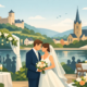 Braut und Bräutigam stehen bei einer romantischen Hochzeit am Wasser und halten sich liebevoll an den Händen. Im Hintergrund sind festlich gedeckte Tische, Kerzen, Blumenarrangements und Gäste zu sehen. Eine Kirche und eine Burg prägen die idyllische Landschaft mit sanften Hügeln. Die helle, elegante Illustration vermittelt eine entspannte, stilvolle Hochzeitsfeier in malerischer Umgebung.