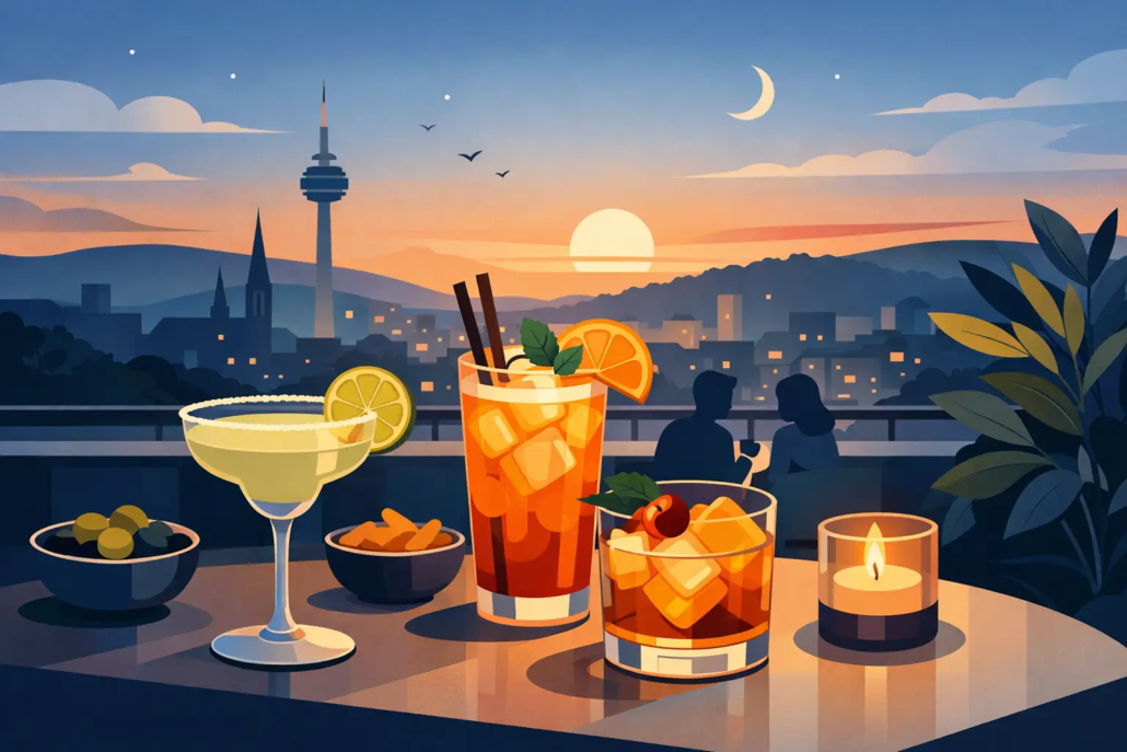 happy-hour-cocktails-hagen Illustration einer Happy Hour in Hagen: Verschiedene Cocktails stehen auf einer Terrasse mit Blick auf die Stadt bei Sonnenuntergang. Im Hintergrund genießen Gäste die entspannte Abendatmosphäre.