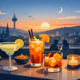 Illustration einer Happy Hour in Hagen: Verschiedene Cocktails stehen auf einer Terrasse mit Blick auf die Stadt bei Sonnenuntergang. Im Hintergrund genießen Gäste die entspannte Abendatmosphäre.