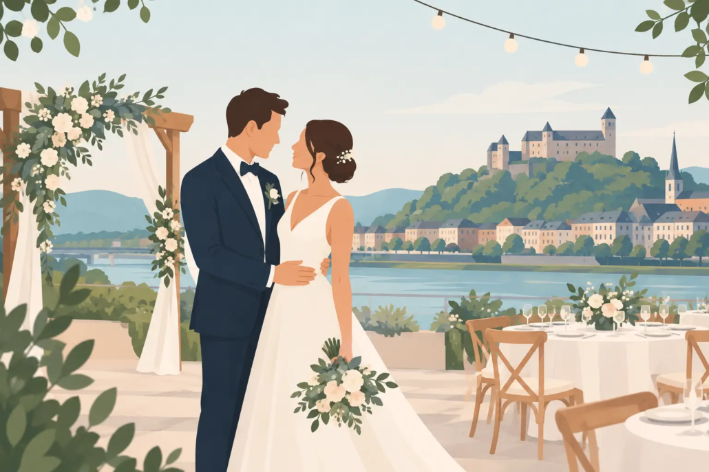 hochzeit-hagen Romantische Hochzeit in Hagen mit Brautpaar, festlich dekorierter Hochzeitslocation, Blumen und idyllischem Blick auf Wasser und Schloss.
