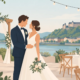 Romantische Hochzeit in Hagen mit Brautpaar, festlich dekorierter Hochzeitslocation, Blumen und idyllischem Blick auf Wasser und Schloss.