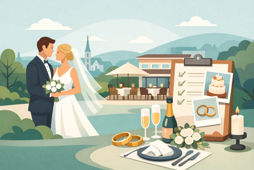 Hochzeitsfeier mit Restaurant in Hagen: Brautpaar vor eleganter Hochzeitslocation mit Terrasse, festlicher Tischdekoration, Eheringen, Champagner, Hochzeitstorte und romantischer Kulisse. Ideal für Hochzeit, Hochzeitsplanung und Feier im Restaurant in Hagen.