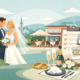 Hochzeitsfeier mit Restaurant in Hagen: Brautpaar vor eleganter Hochzeitslocation mit Terrasse, festlicher Tischdekoration, Eheringen, Champagner, Hochzeitstorte und romantischer Kulisse. Ideal für Hochzeit, Hochzeitsplanung und Feier im Restaurant in Hagen.