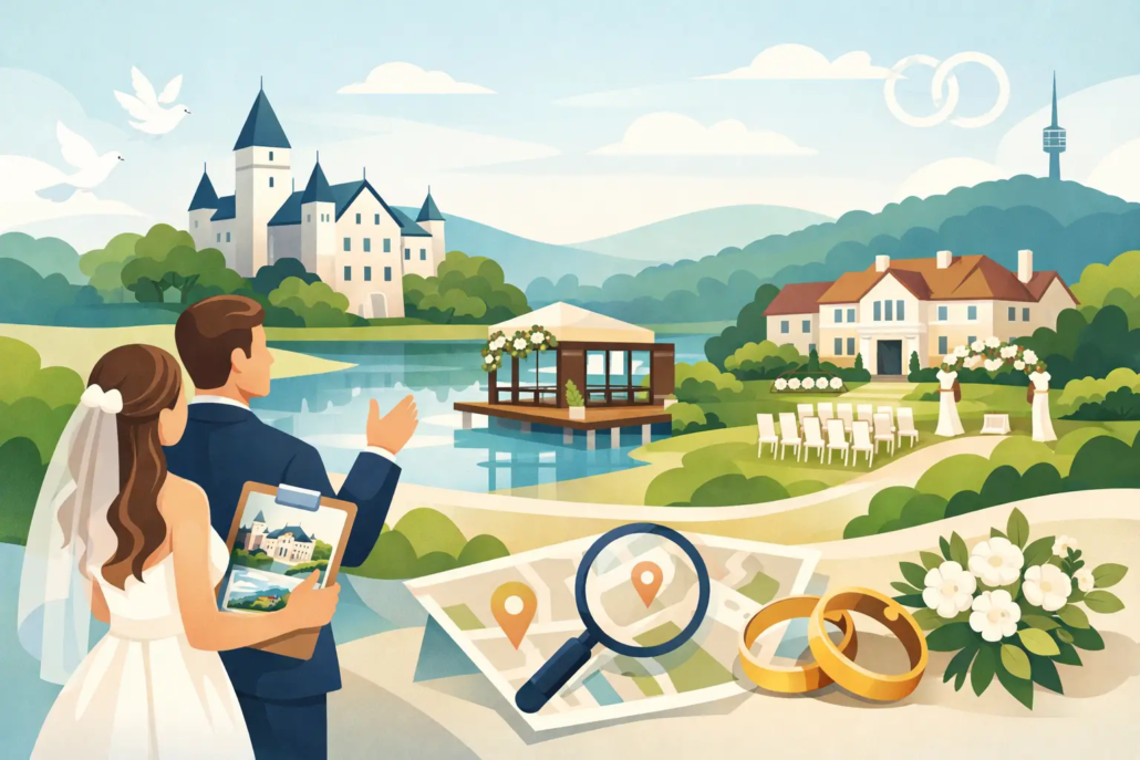 Alt-Text: Brautpaar plant eine Hochzeit an idyllischer Hochzeitslocation in Hagen mit Seeblick, Traubogen, Karte und romantischer Landschaft im Hintergrund.