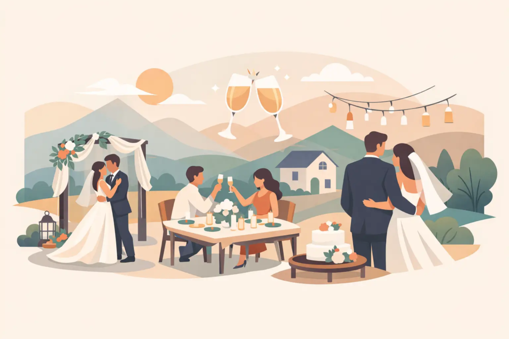 Illustration einer kleinen Hochzeitsfeier mit Brautpaar, festlich gedecktem Tisch, Hochzeitstorte und Sektempfang – Symbolbild für moderne Hochzeitstrends im kleinen Kreis.