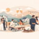 Illustration einer kleinen Hochzeitsfeier mit Brautpaar, festlich gedecktem Tisch, Hochzeitstorte und Sektempfang – Symbolbild für moderne Hochzeitstrends im kleinen Kreis.