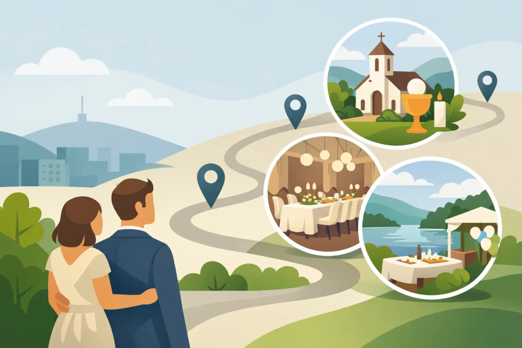 Illustration zur Suche nach einer Kommunions-Location in Hagen: Ein Paar blickt auf einen Weg mit Standortmarkierungen, der zu verschiedenen Veranstaltungsorten führt. In runden Ausschnitten sind eine Kirche mit Kommunionssymbolen, ein festlich gedeckter Saal sowie eine Feierlocation am Wasser zu sehen. Die Grafik symbolisiert die Auswahl der passenden Location für eine Kommunionsfeier in Hagen.